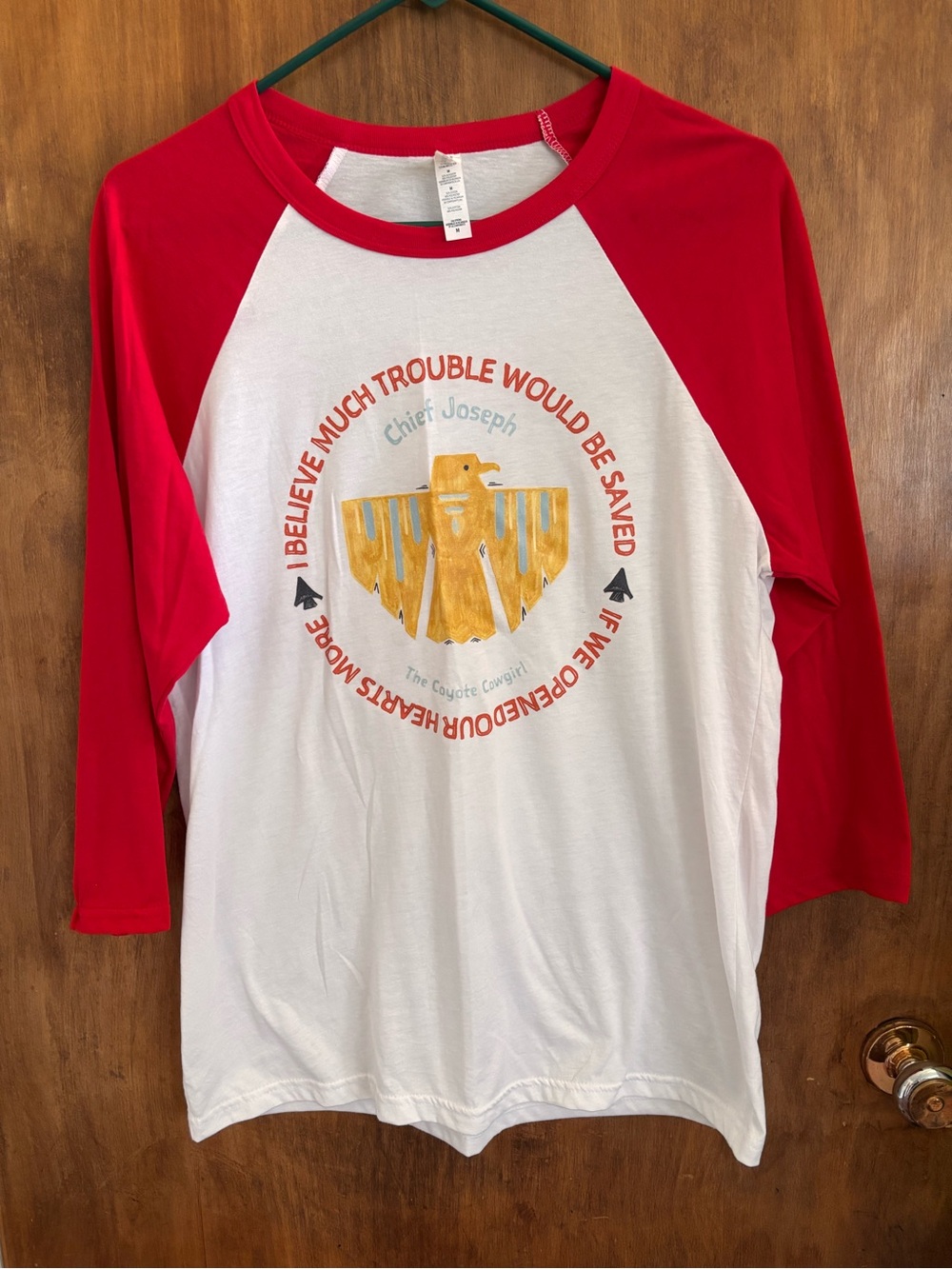 Bella Canvas White Raglan Tee with Red Sleeves and Yellow Graphic
